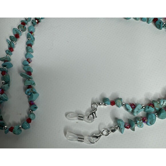 Eyeglass Chain 32" Turquoise Chips 4MM Red Glass Bicone Beads Handmade - Picture 2 of 7